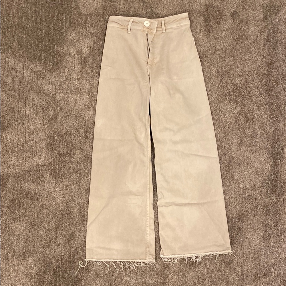 Beige Wide-Leg Frayed Hem Trousers